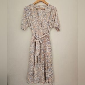 Lucky Brand Boho Beige Paisley Midi Dress with Pockets, Belt, Button Down Size M